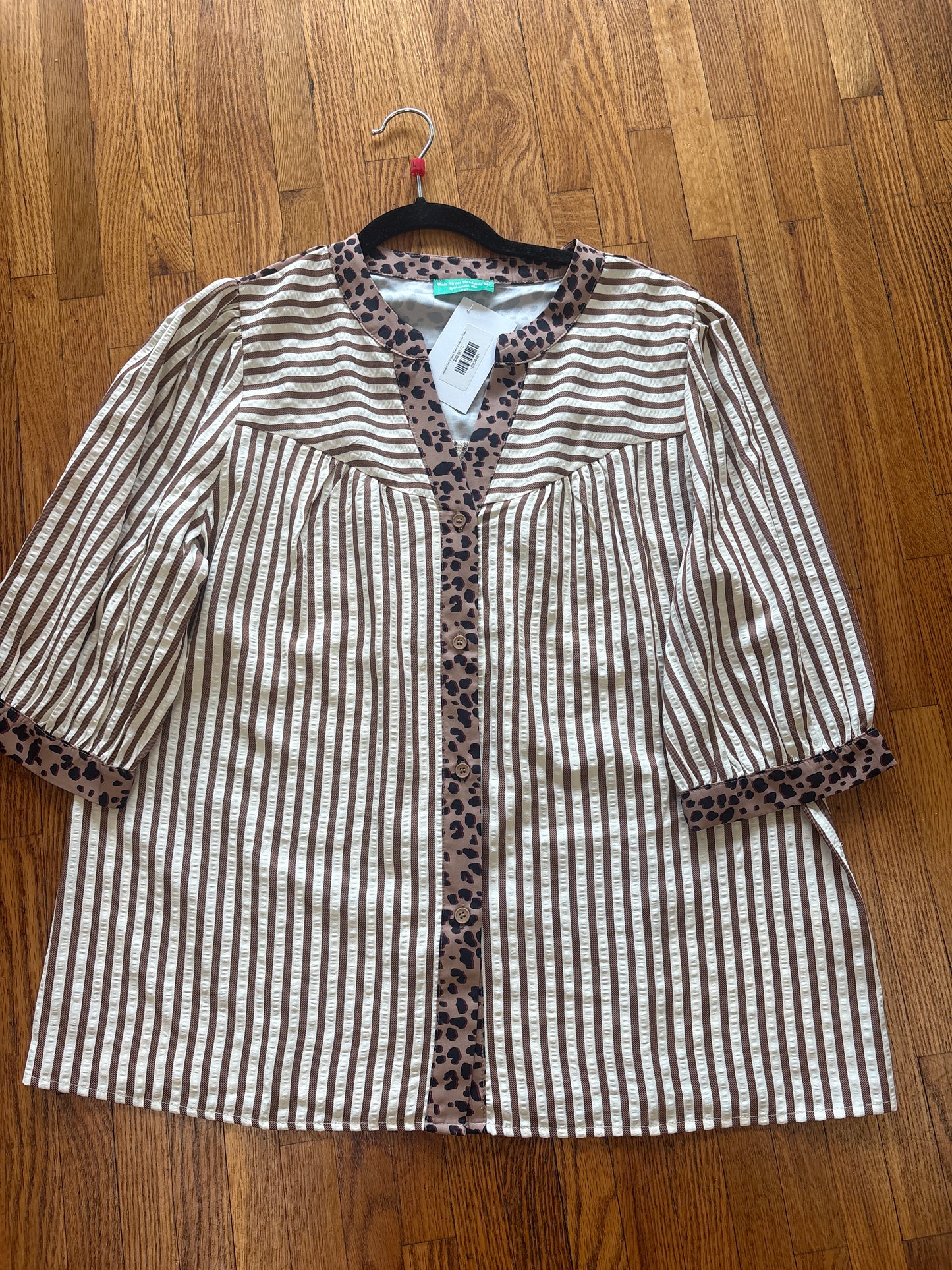 Leopard Trim V Neck Button Down Half Sleeve