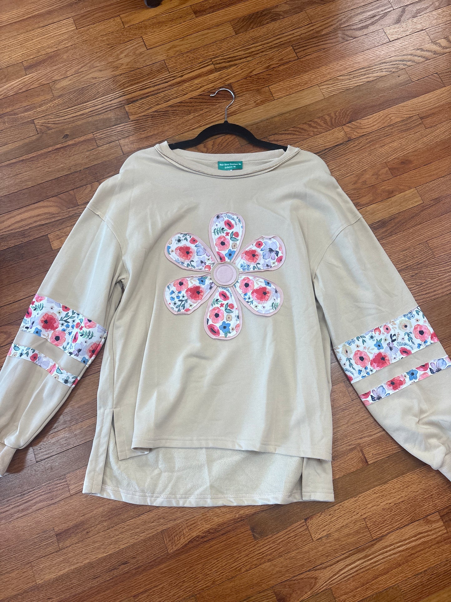 Flower Applique Patchwork Pullover Sweatshirt - Khaki