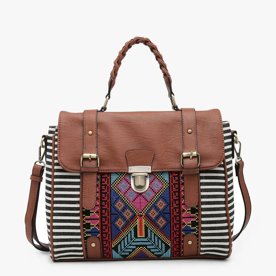 Harlow Aztec Embroidered Satchel Black