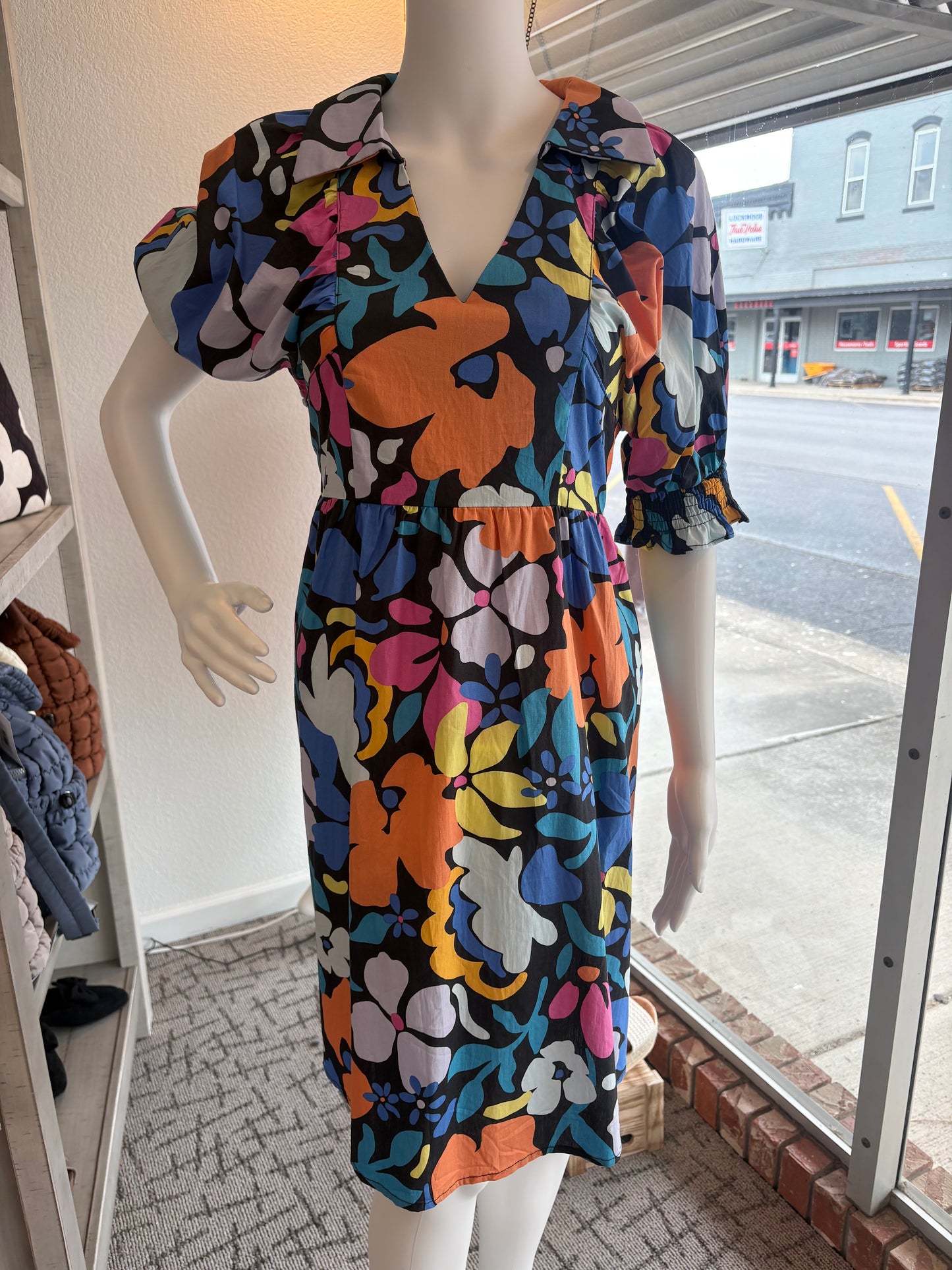 Collared Split Neck Floral Dress