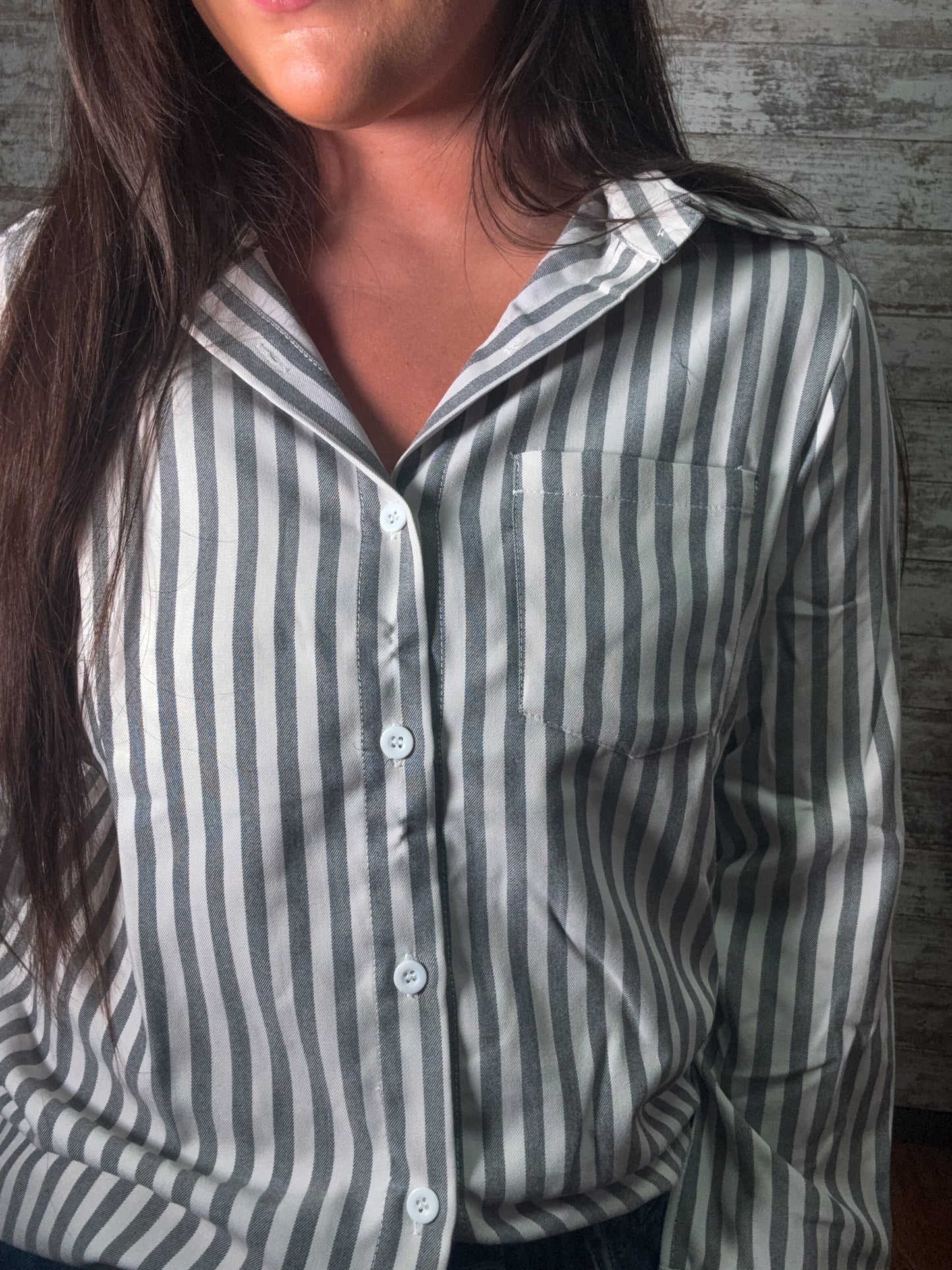 Striped Button Down Casual Blouse - Grey