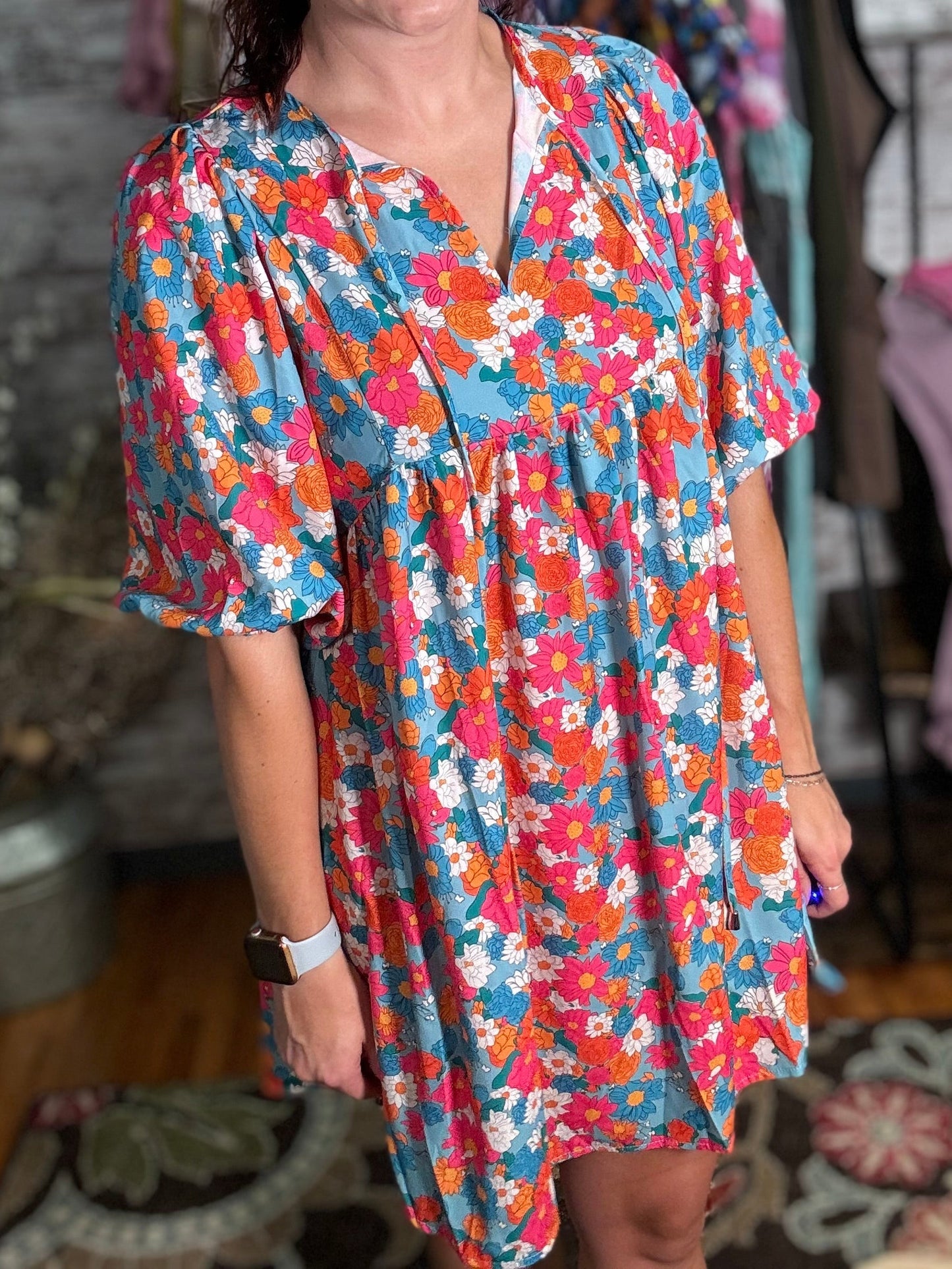 Boho Floral Print V Neck Lantern Sleeve Babydoll Dress