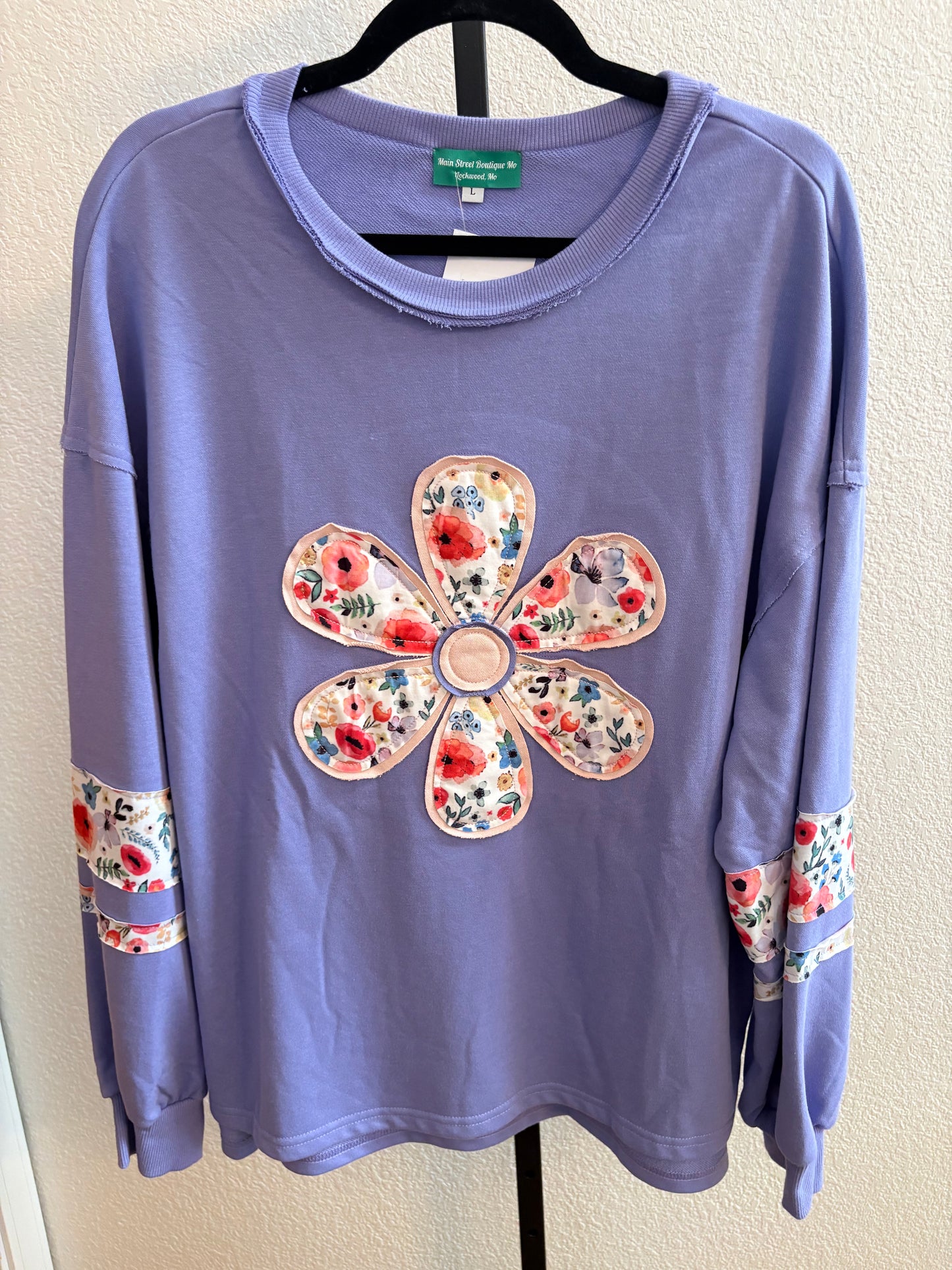 Flower Applique Patchwork Pullover Sweatshirt - Purple