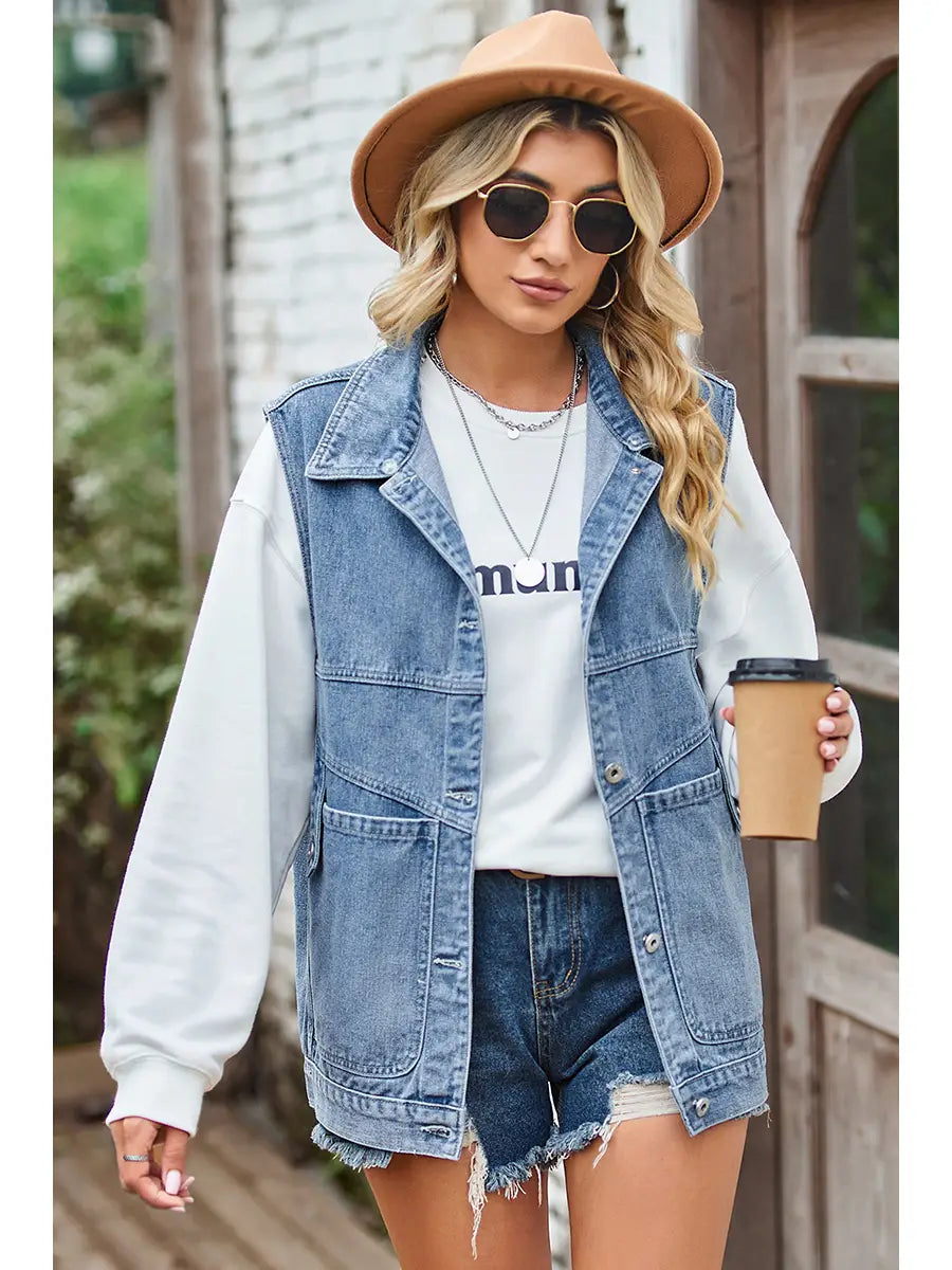 Vintage Buckele Pocket Collar Denim Vest