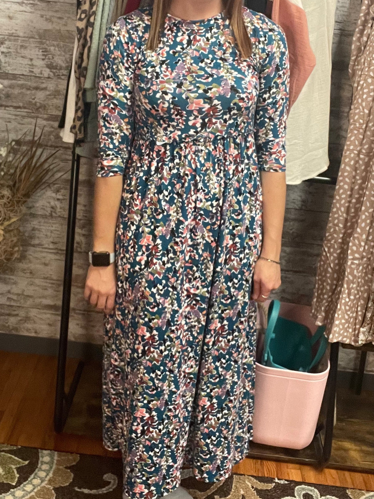 Perfect Peach - Floral & Teal 3/4 Sleeve Maxi Dress