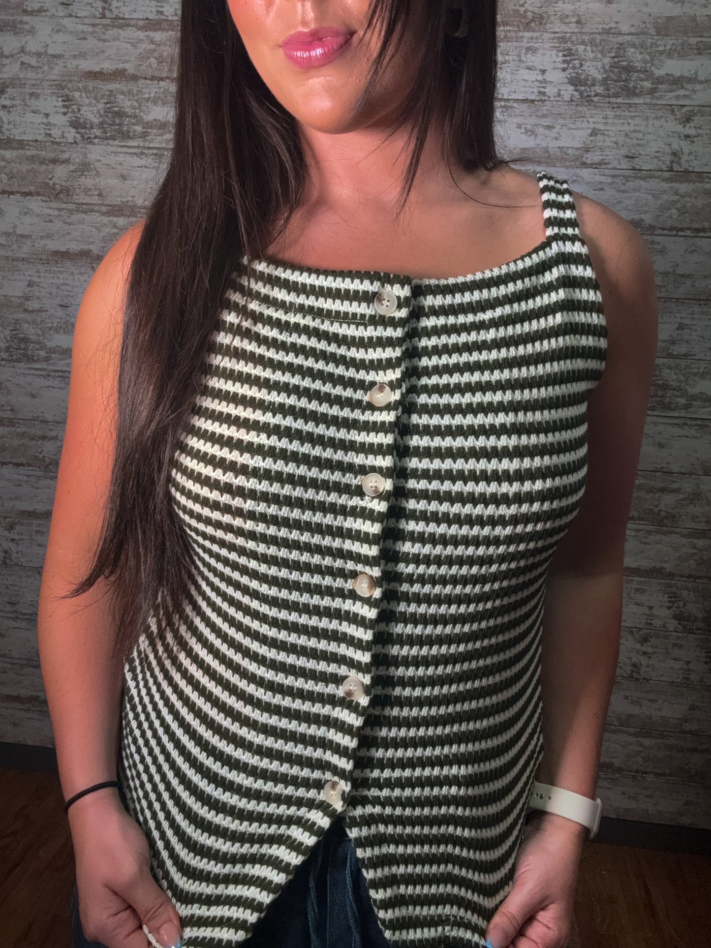 Striped Button Front Sleeveless Tank Top - Green