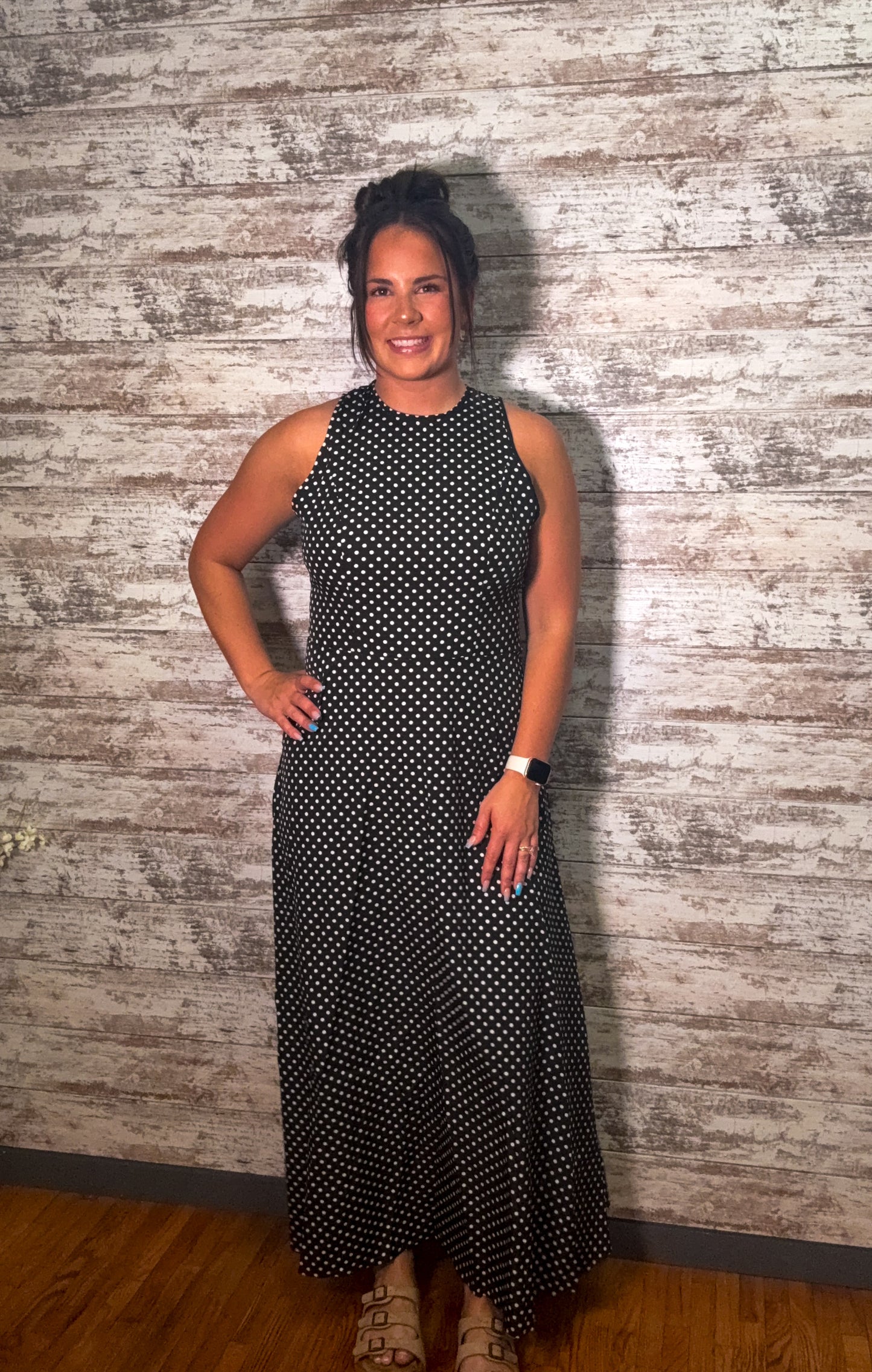 Polka Dot Open Back Tie Sleeveless Maxi Dress