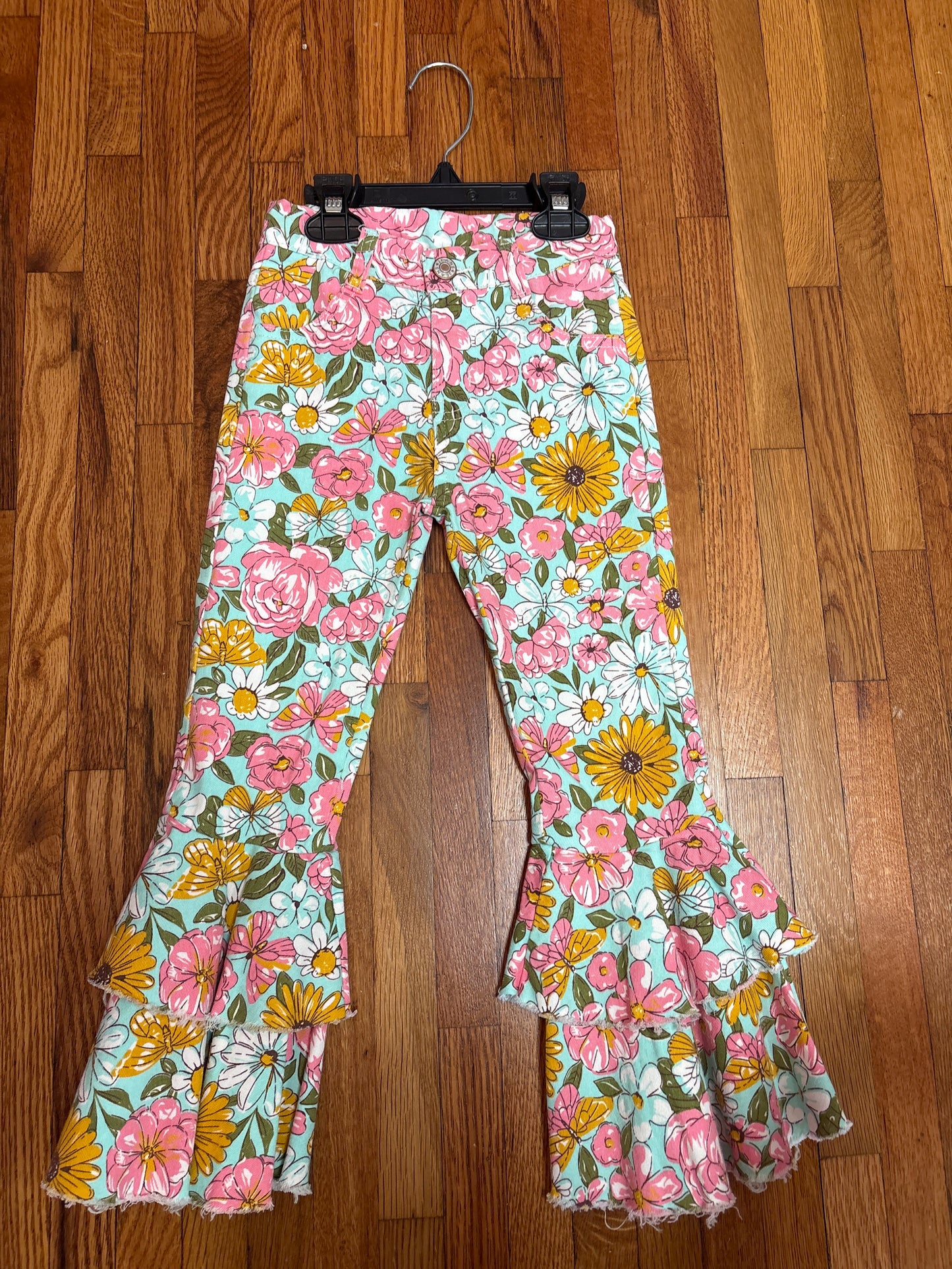 Kids Flower Double Ruffle Denim Jeans