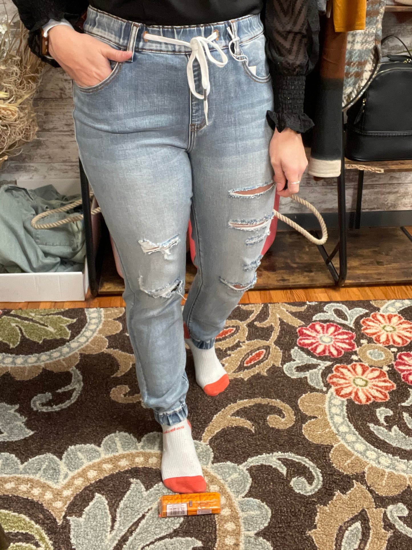 Hi-Rise Distressed Denim Joggers