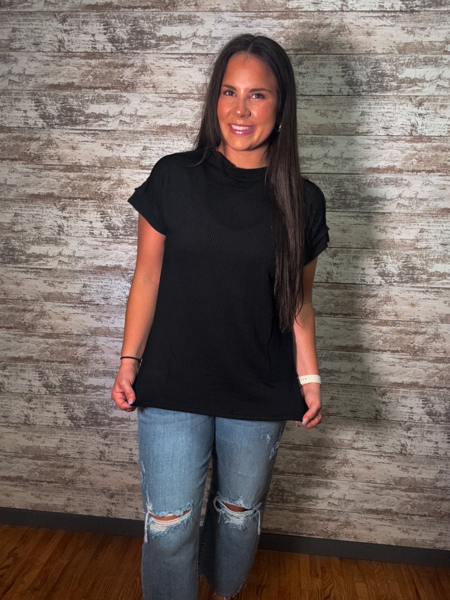 Casual Ribbed Knit Short Sleeve Loose Fit Top - Black