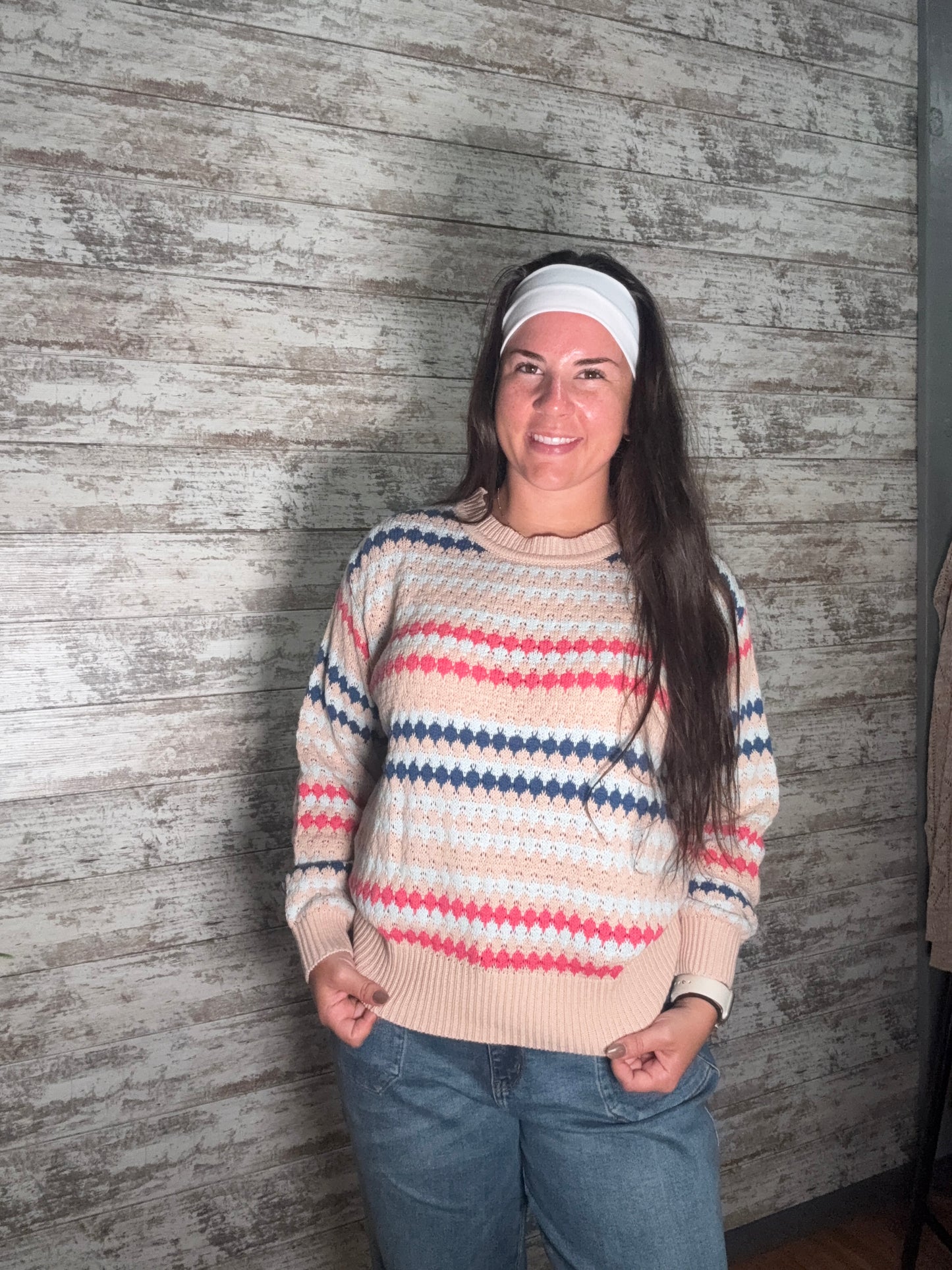 Stripe Eyelet Patterned Drop Shoulder Sweater