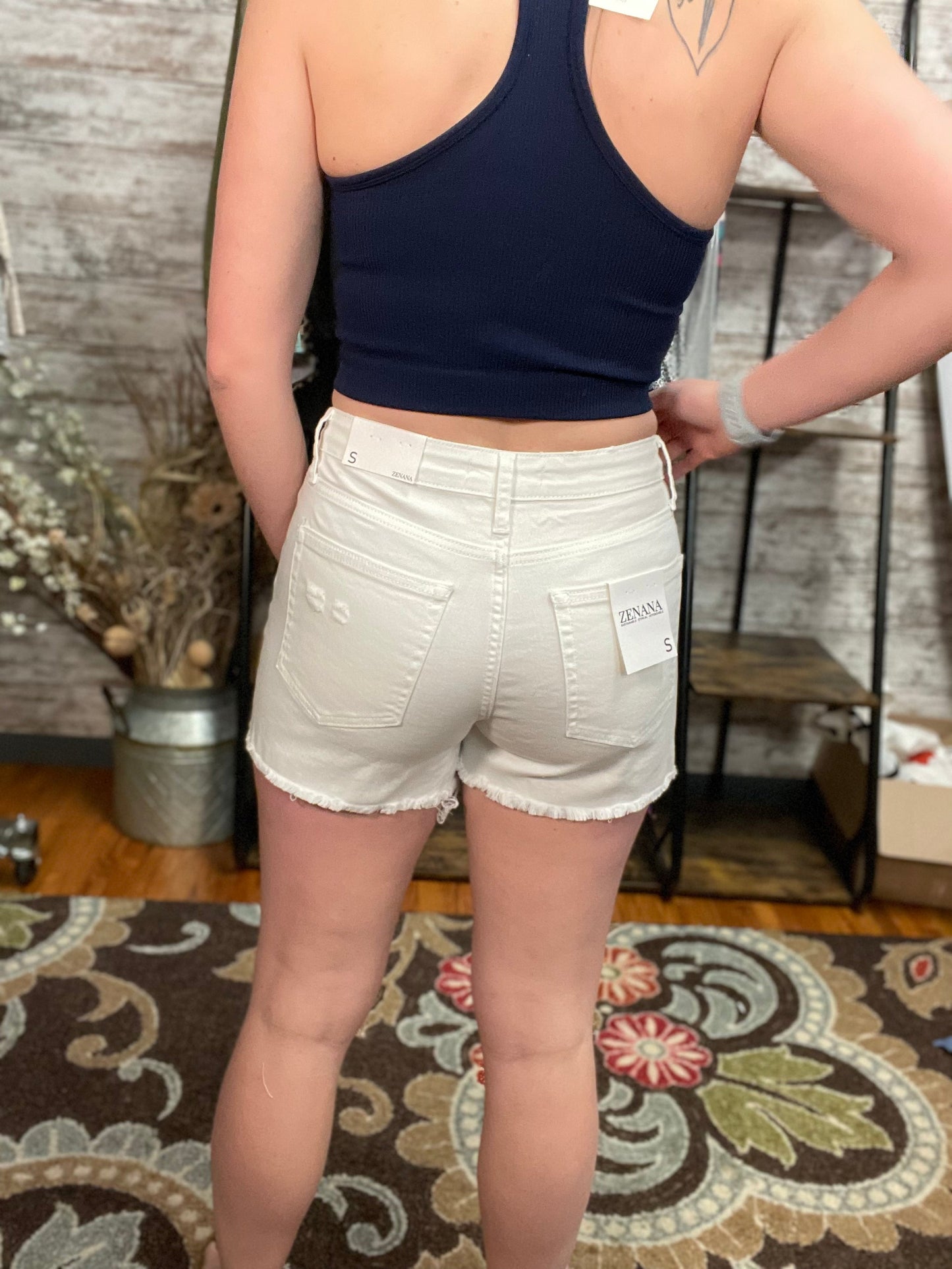 Zenana White Button Fly Denim Shorts