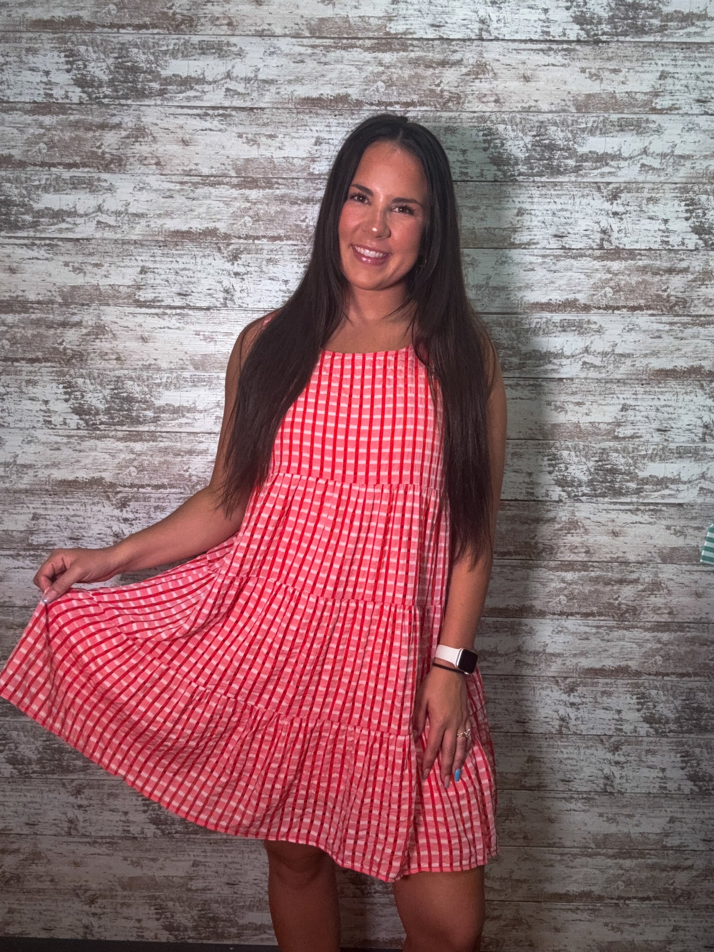 Sleeveless Gingham Red Tiered Dress
