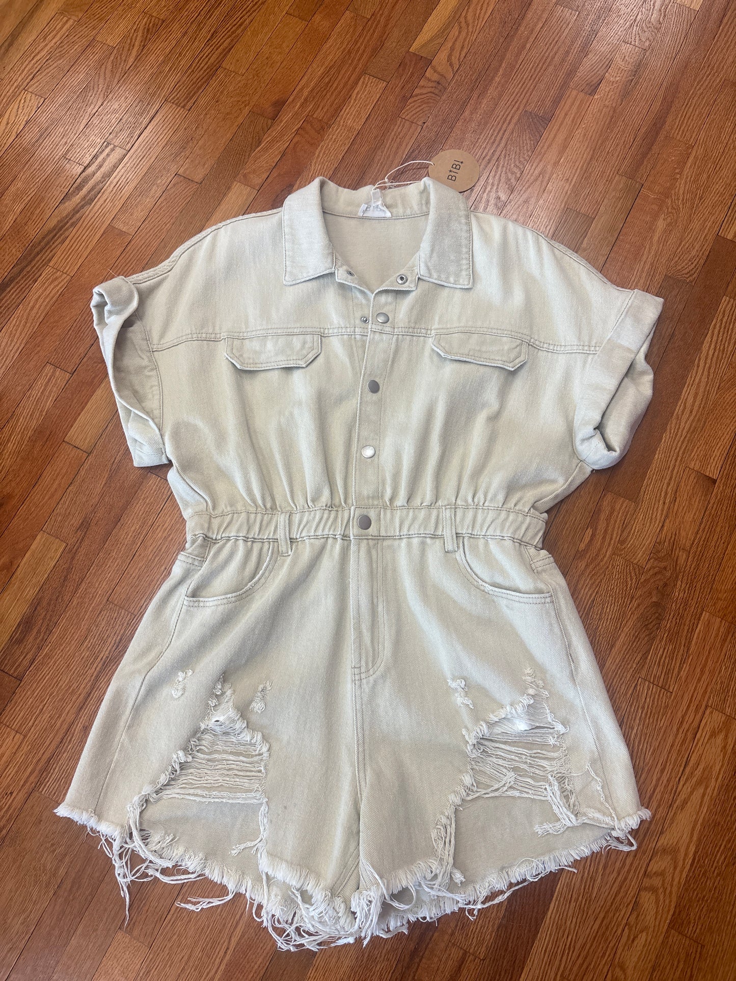 DISTRESSED DETAIL WASHED ELASTIC WAISTBAND SHORTALLS