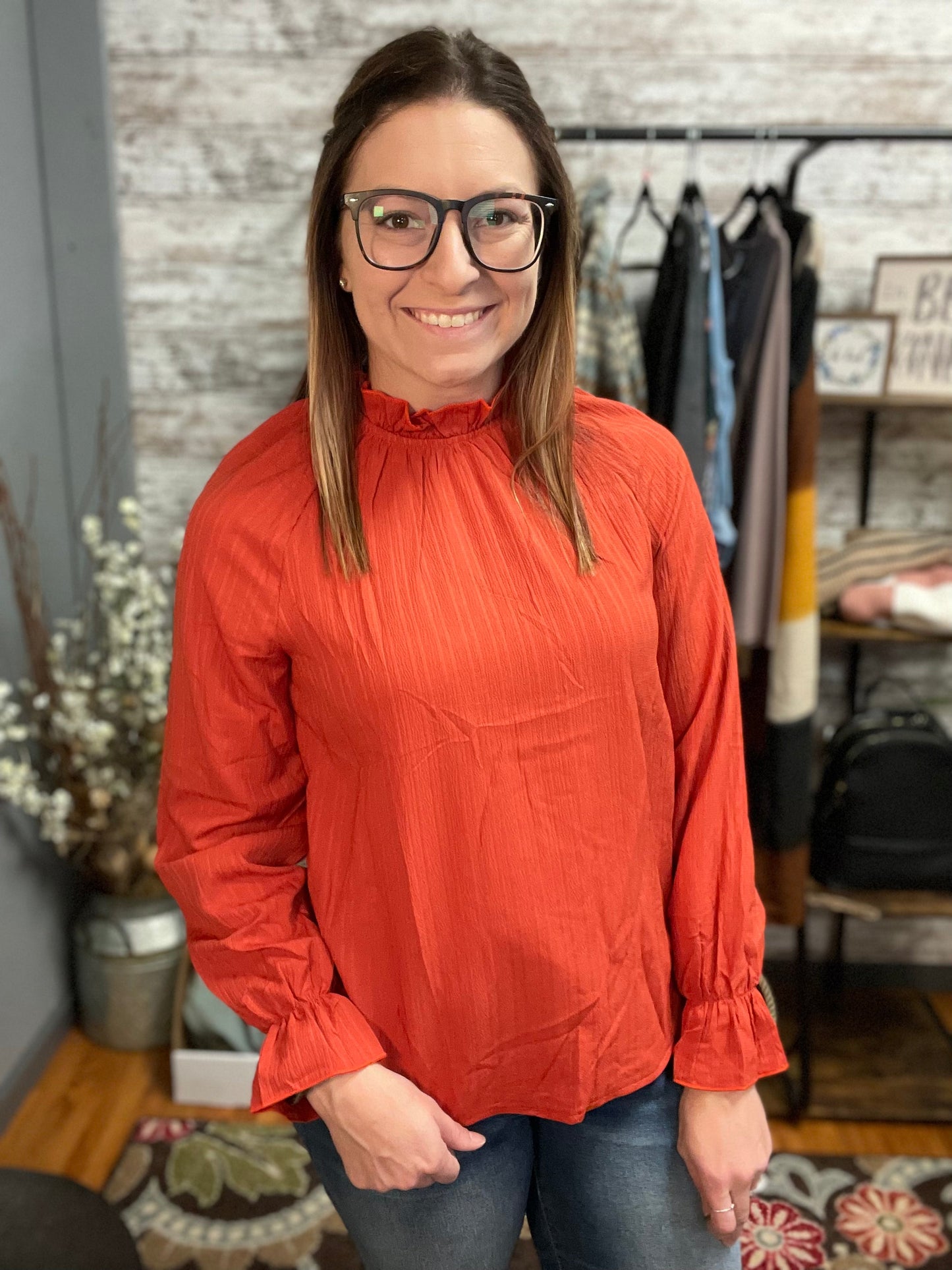 Pleated Textured Mock Neck Long Sleeve Blouse