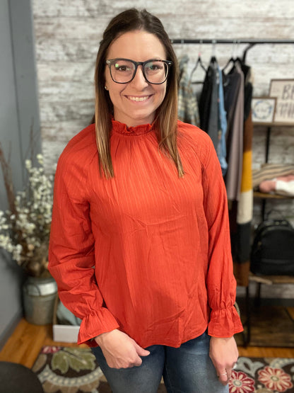 Pleated Textured Mock Neck Long Sleeve Blouse