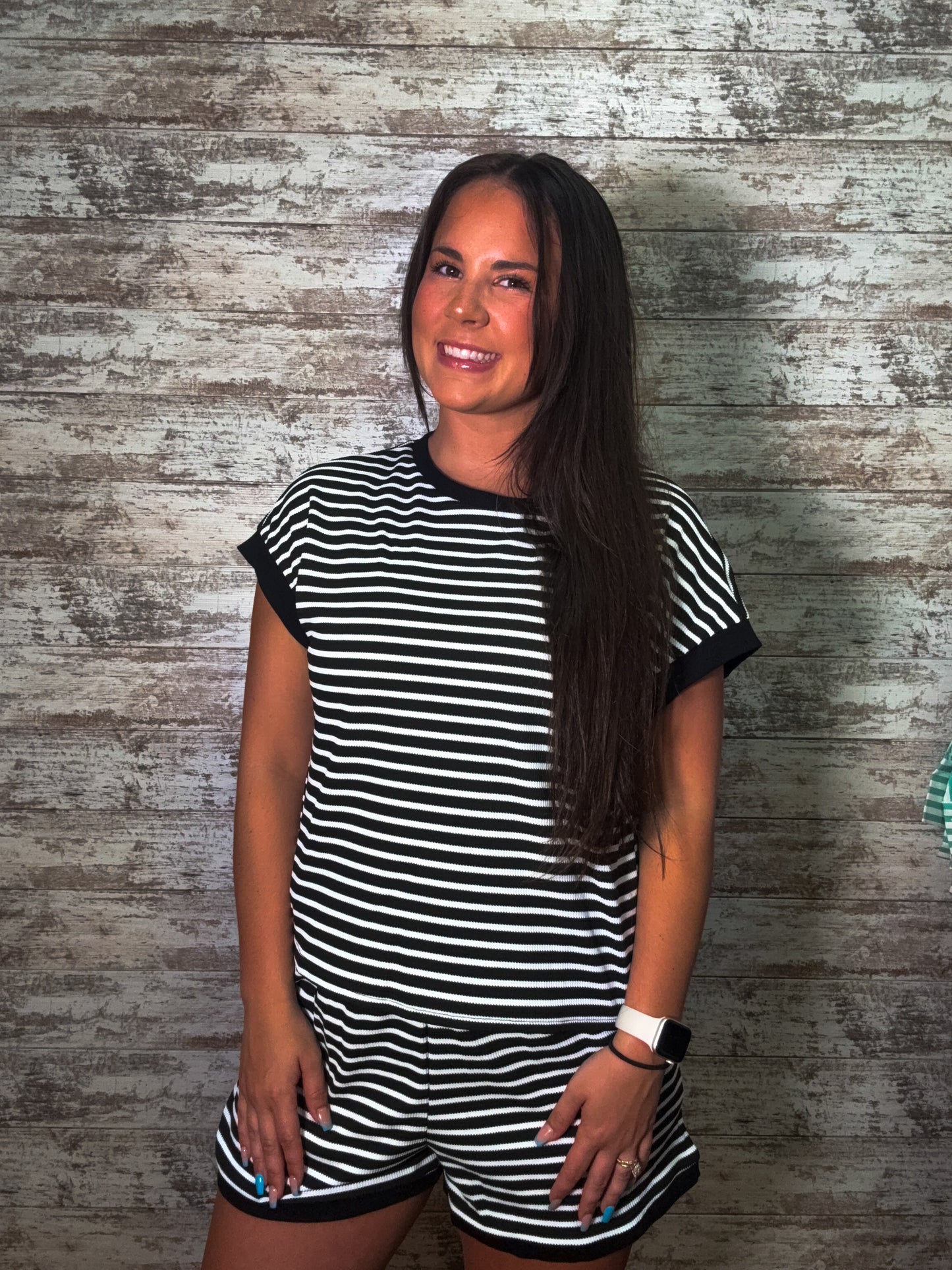 Striped Short Sleeve Top & Shorts Lounge Set - Black
