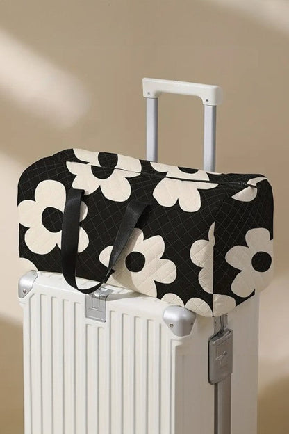Black Flower Print Quilted Large Duffel Bag