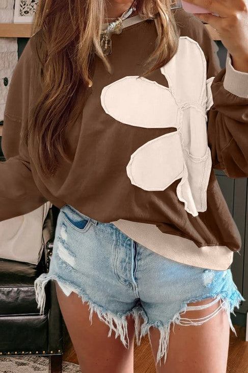 Raw Edge Flower Patch Drop Shoulder Top