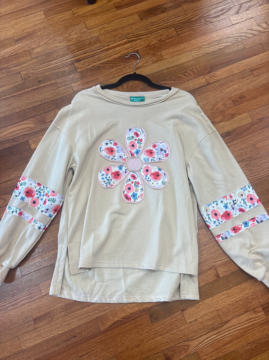 Flower Applique Patchwork Pullover Sweatshirt - Khaki