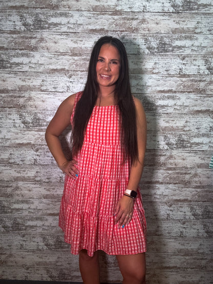 Sleeveless Gingham Red Tiered Dress