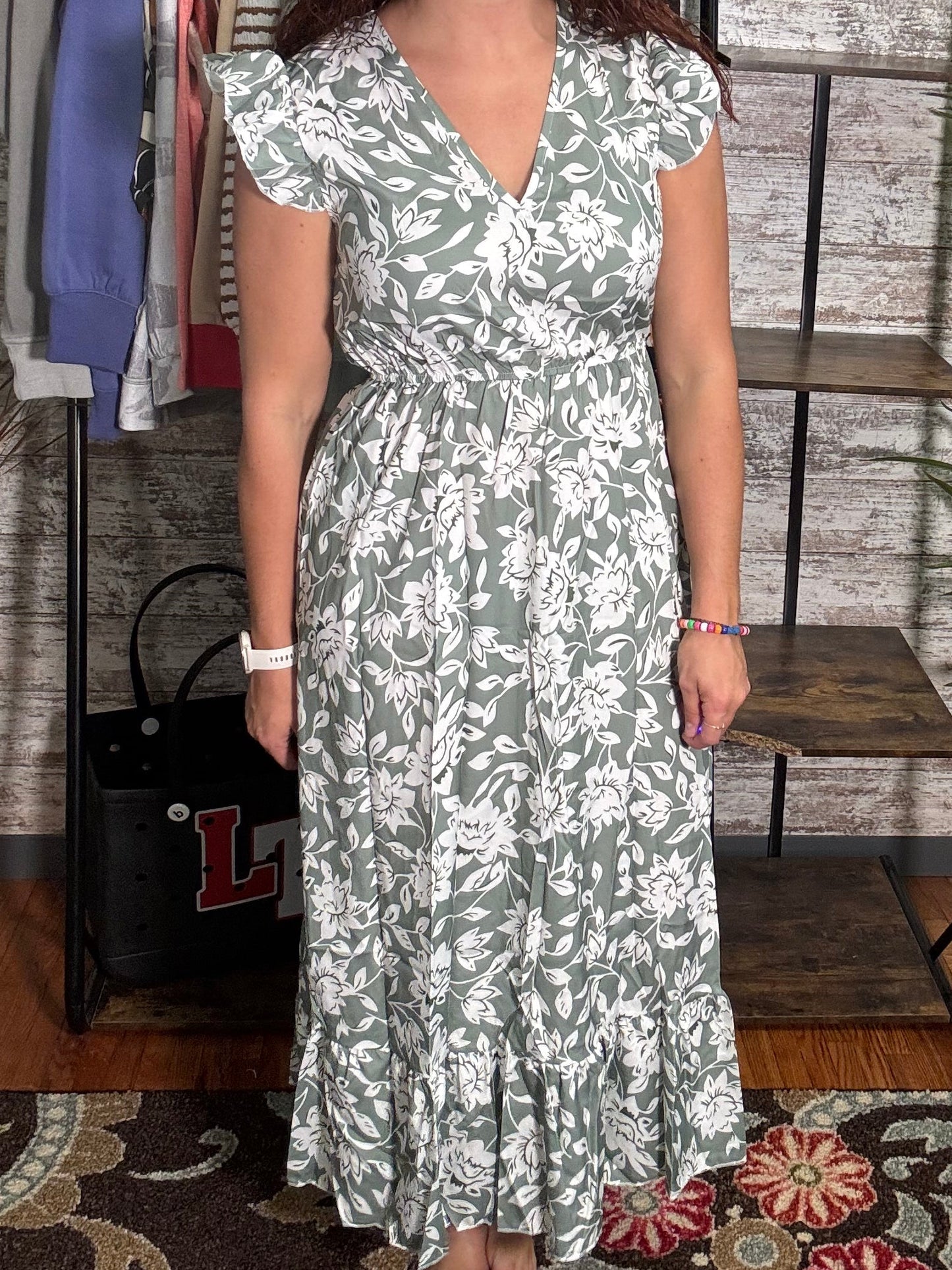 Floral Ruffle Sleeve V Neck Midi Dress