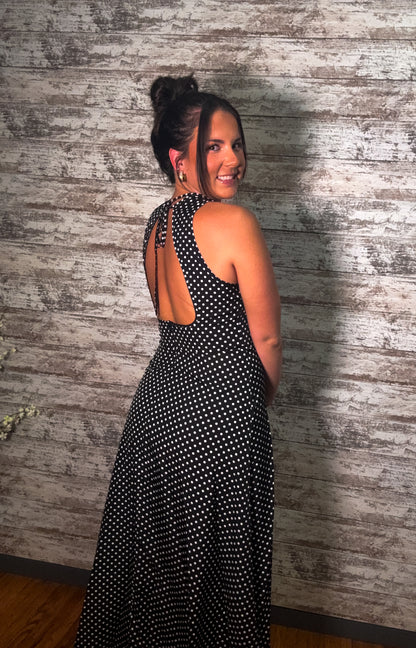 Polka Dot Open Back Tie Sleeveless Maxi Dress