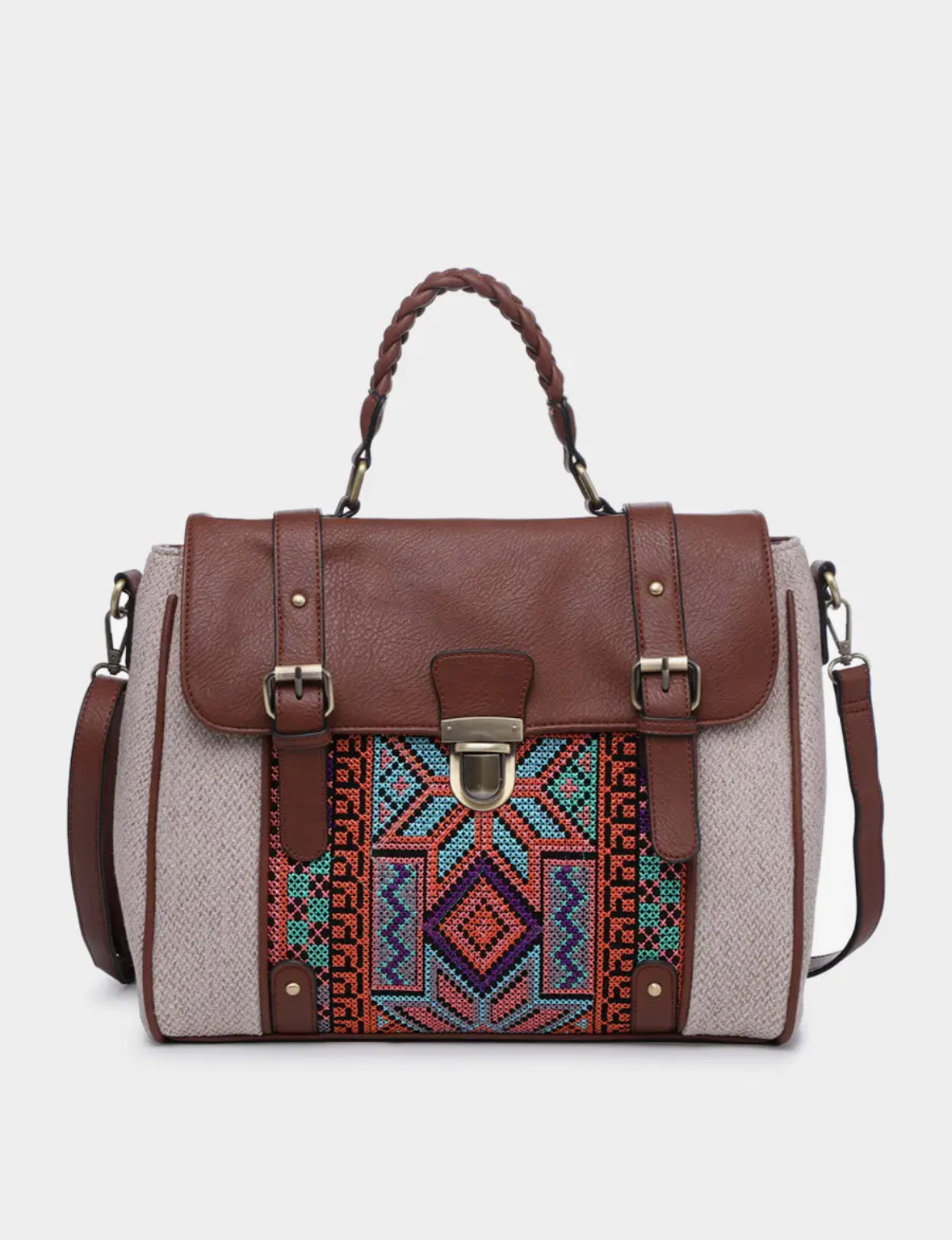 Harlow Aztec Embroidered Satchel Sand/Blue