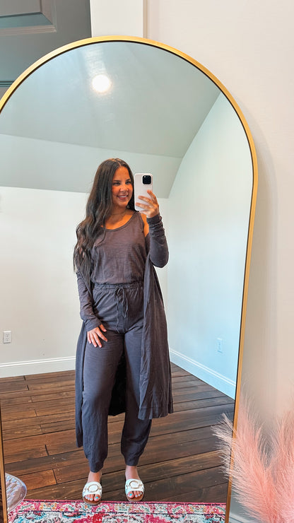 mocha jumpsuit with cardigan