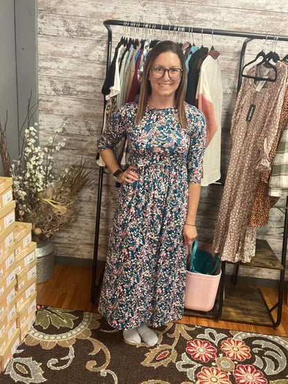 Perfect Peach - Floral & Teal 3/4 Sleeve Maxi Dress