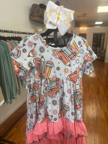 Pencil Flower Short Sleeves Girls Back to School Dress