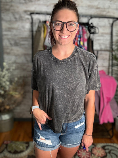 Crinkle Washed Cotton Round Neck Top