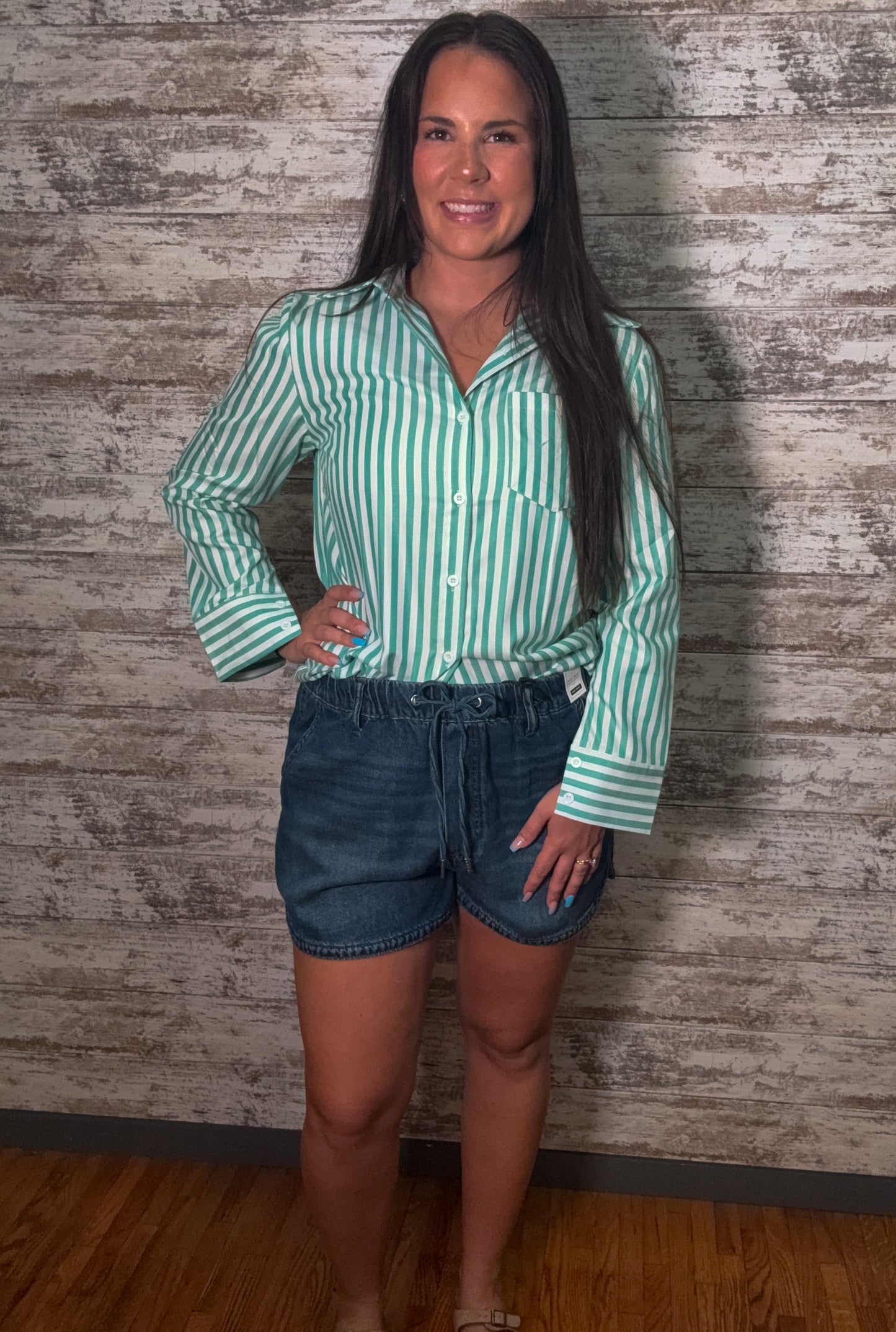 Striped Button Down Casual Blouse - Green