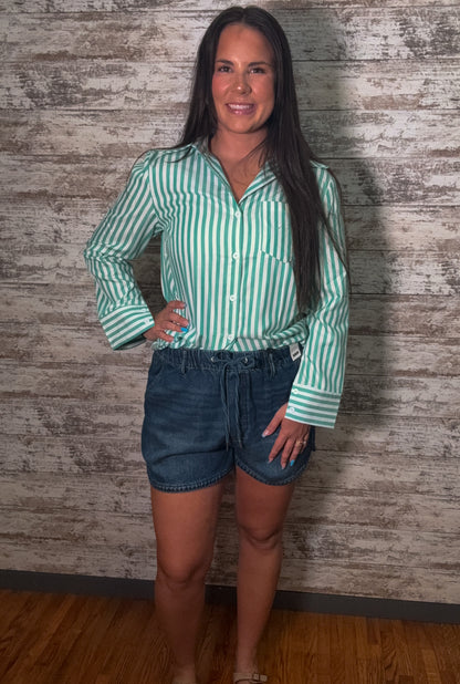 Striped Button Down Casual Blouse - Green