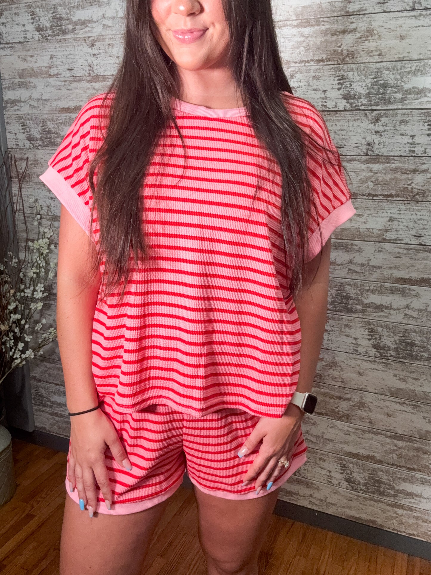 Striped Short Sleeve Top & Shorts Lounge Set - Dark Pink