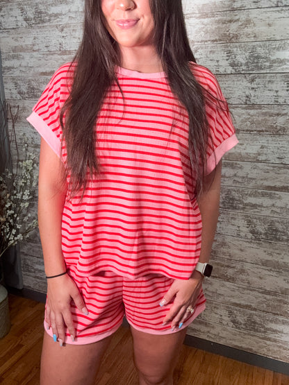 Striped Short Sleeve Top & Shorts Lounge Set - Dark Pink