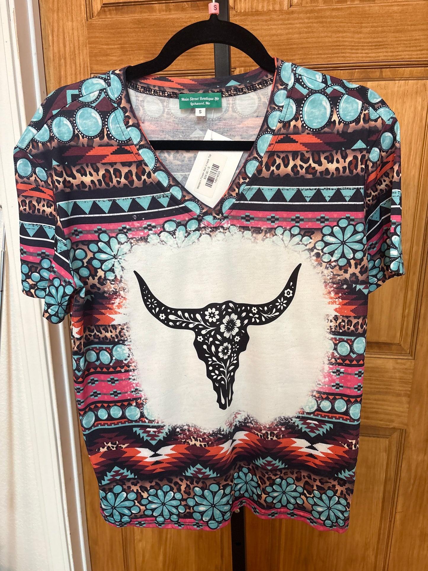 Western Flower Bull V Neck Top