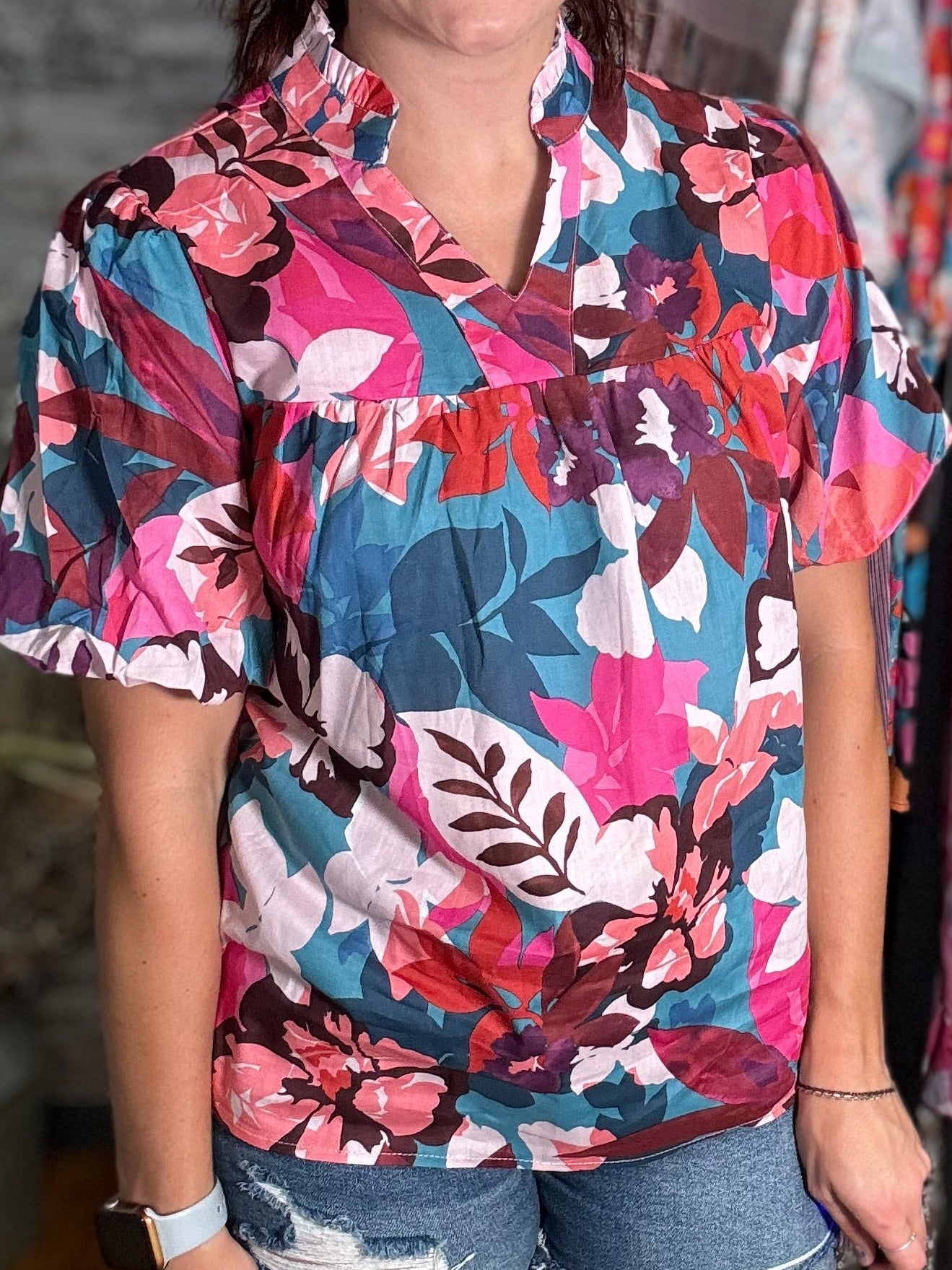 Floral Print Puff Sleeve Notched V Neck