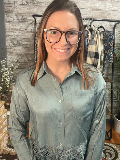 BUTTON DOWN CROCHET TRIM HEMLINE LONG SLEEVE SHIRT