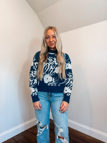 navy floral knit sweater