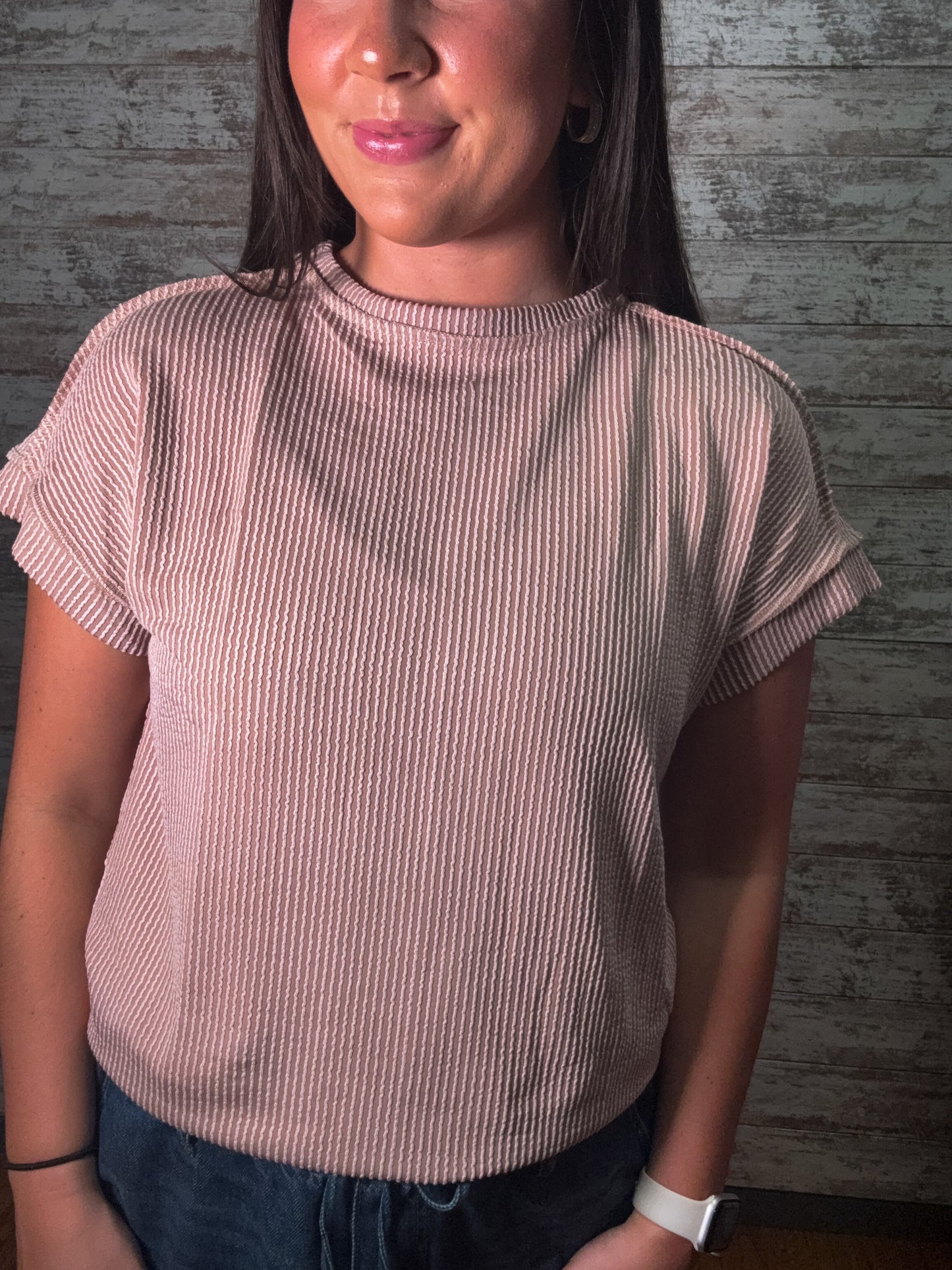 Casual Ribbed Knit Short Sleeve Loose Fit Top - Khaki