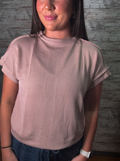 Casual Ribbed Knit Short Sleeve Loose Fit Top - Khaki