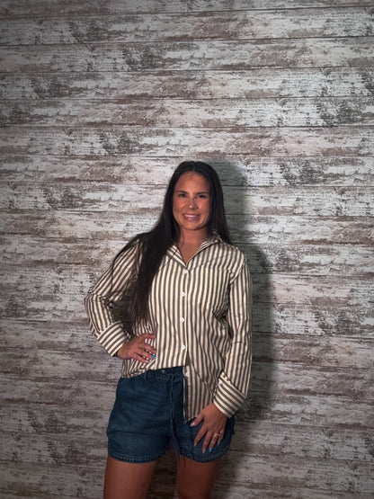 Striped Button Down Casual Blouse - Khaki