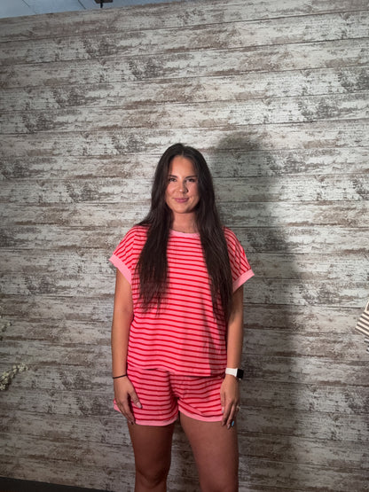 Striped Short Sleeve Top & Shorts Lounge Set - Dark Pink