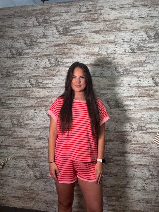 Striped Short Sleeve Top & Shorts Lounge Set - Dark Pink