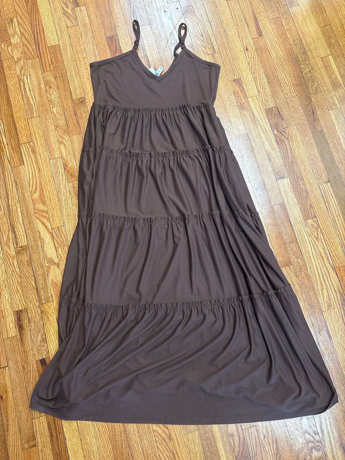V Neck Cami Maxi Tiered Dress with Side Pockets - Brown