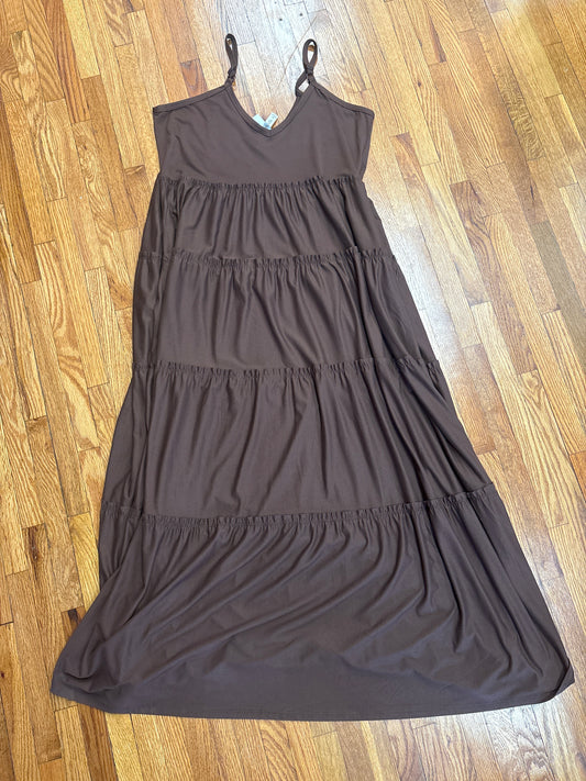 V Neck Cami Maxi Tiered Dress with Side Pockets - Brown