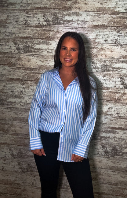 Striped Button Down Casual Blouse - Light Blue