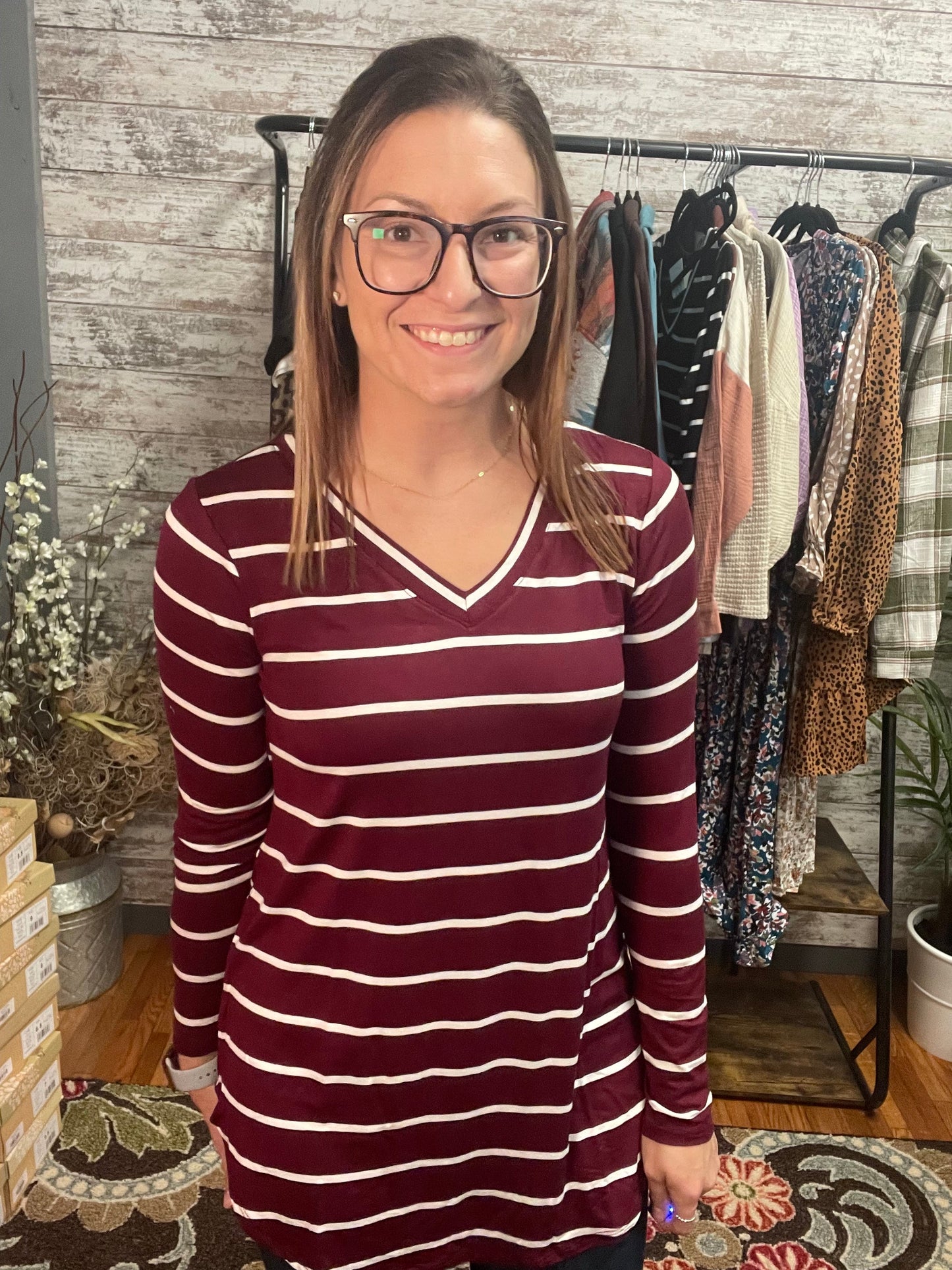 Striped V Neck Dolphin Hem Top