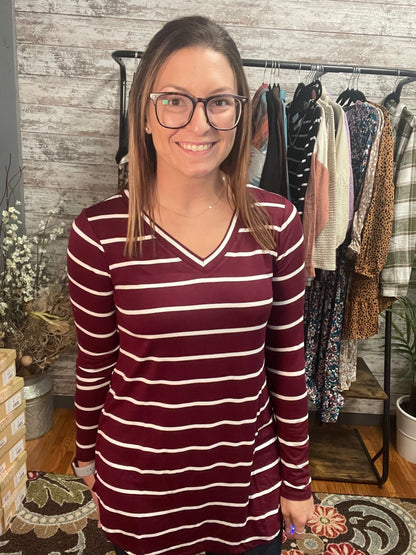 Striped V Neck Dolphin Hem Top